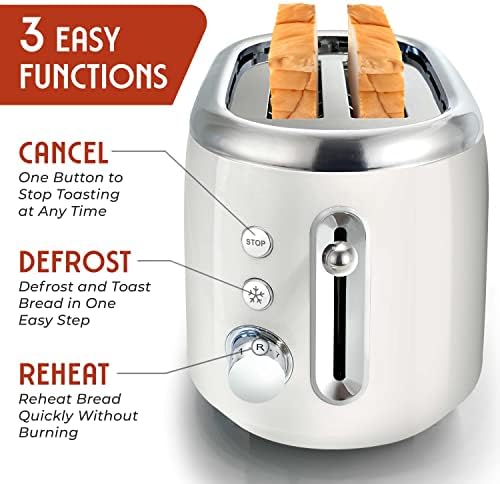 MÜELLERHOME Retro Toaster 2 Slice, 7 Browning Levels, 3 Functions (Reheat, Defrost, Cancel), Stainless Steel Features, Removable Crumb Tray, Under Base Cord Storage, White Toaster Kitchen Appliances - Image 3