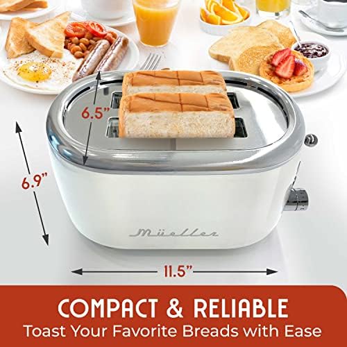MÜELLERHOME Retro Toaster 2 Slice, 7 Browning Levels, 3 Functions (Reheat, Defrost, Cancel), Stainless Steel Features, Removable Crumb Tray, Under Base Cord Storage, White Toaster Kitchen Appliances - Image 4
