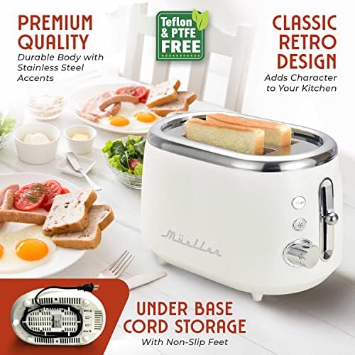 MÜELLERHOME Retro Toaster 2 Slice, 7 Browning Levels, 3 Functions (Reheat, Defrost, Cancel), Stainless Steel Features, Removable Crumb Tray, Under Base Cord Storage, White Toaster Kitchen Appliances - Image 6